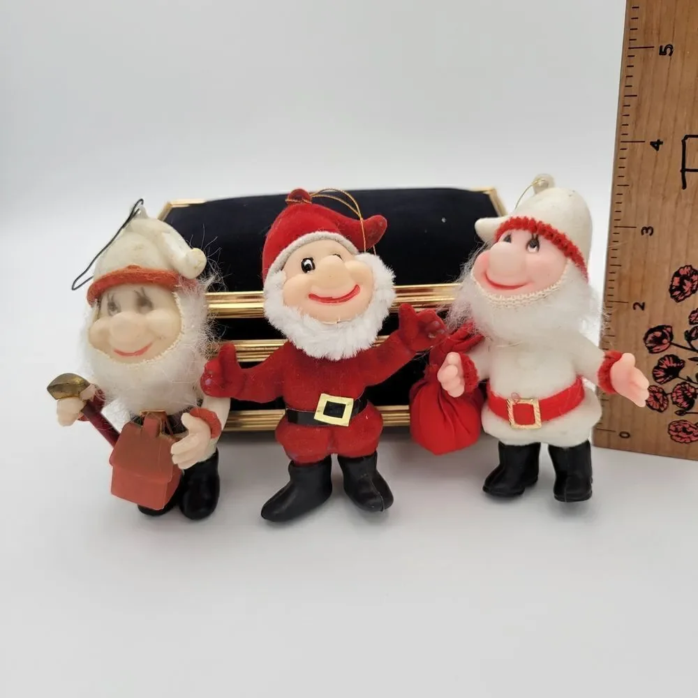 Adorable Trio of Vintage Flocked Santa & Santa's Helpers Elves Ornaments